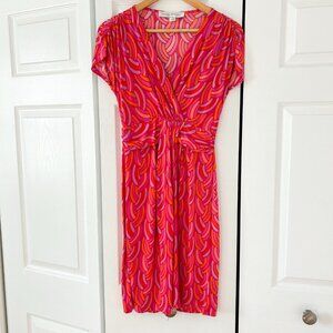 Lesley Evers Pink Orange Print Faux Wrap Midi Dress Small